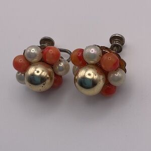 Vintage Orange and White Bead Cluster Screw Back Earrings